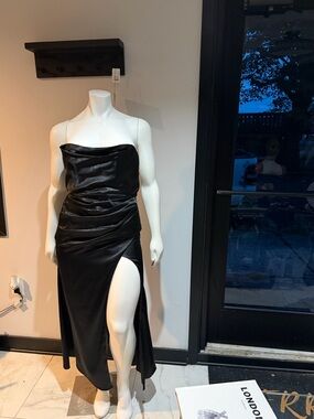 Azazie Black Strapless Satin Gown with High Side Slit